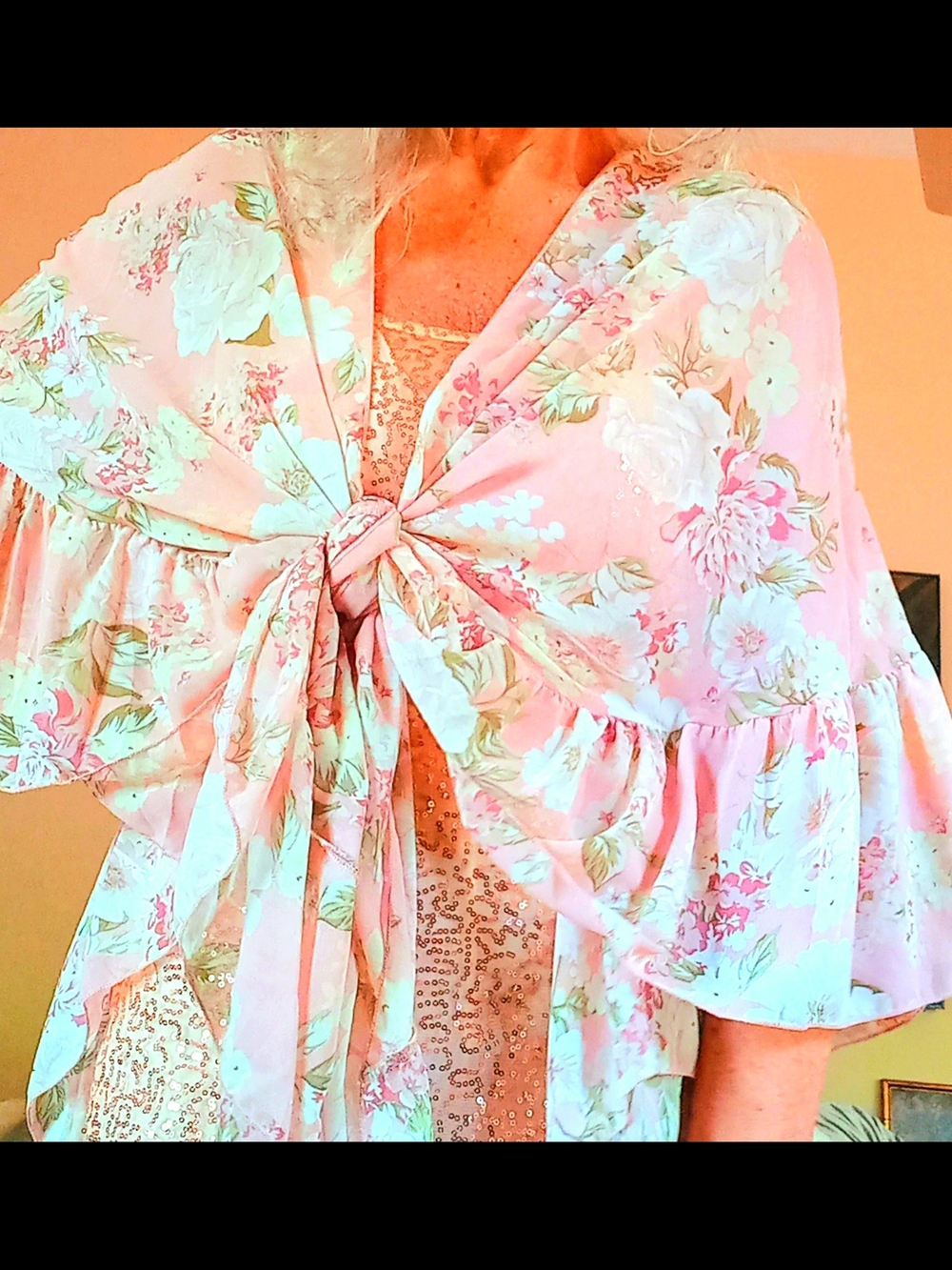 Kimono🌺 Floral Peach Sheer Open-Front Kimono by